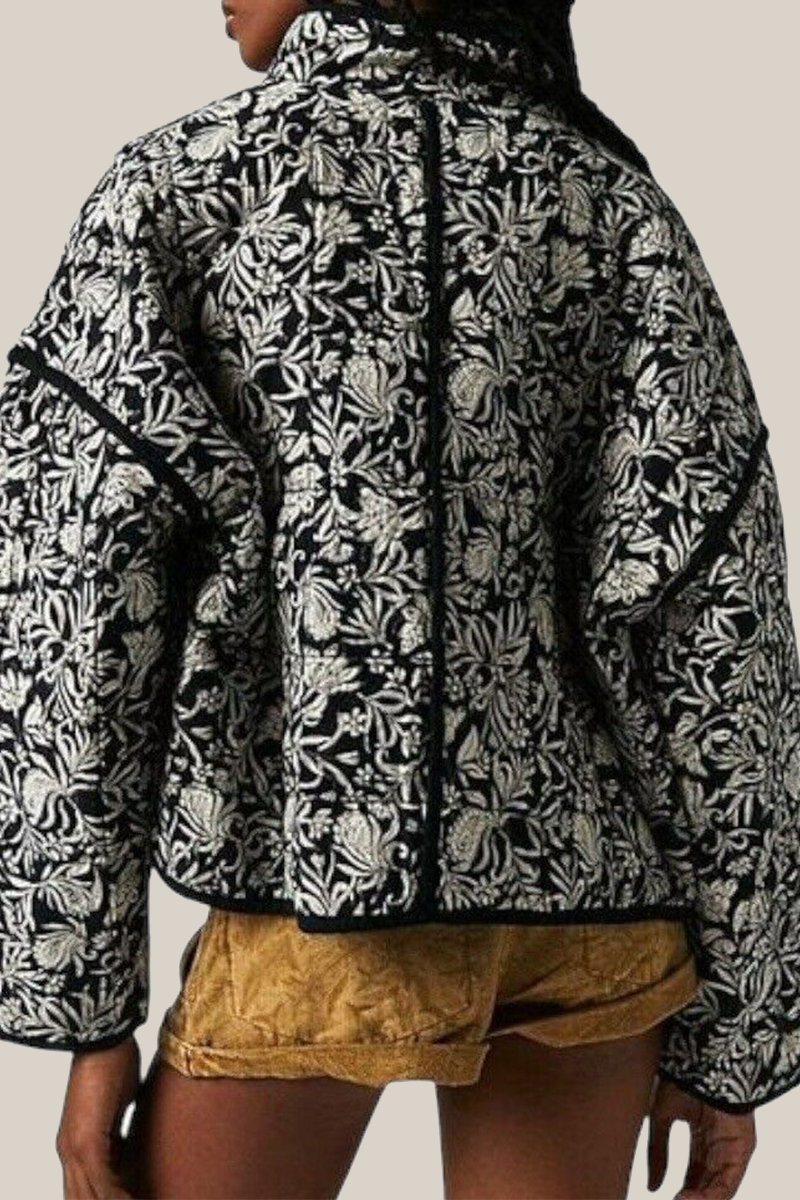 Elarova | Lässige Blumen Tasche Patchwork Kontrast Mandarin Kragen Outerwear 12 Farben