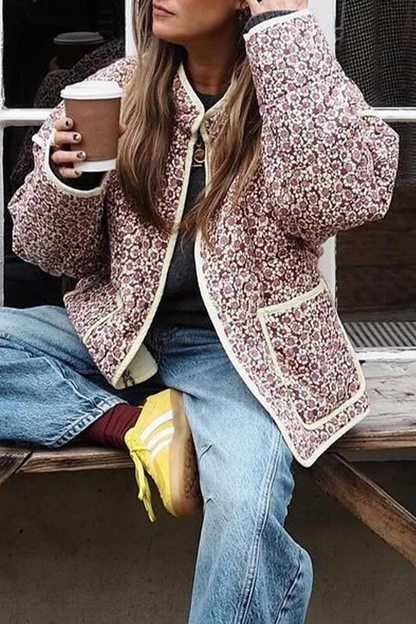 Elarova | Lässige Blumen Tasche Patchwork Kontrast Mandarin Kragen Outerwear 12 Farben