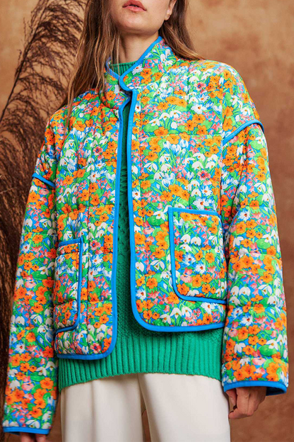 Elarova | Lässige Blumen Tasche Patchwork Kontrast Mandarin Kragen Outerwear 12 Farben