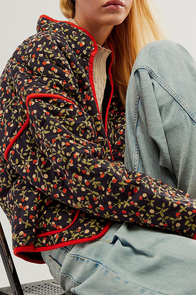 Elarova | Lässige Blumen Tasche Patchwork Kontrast Mandarin Kragen Outerwear 12 Farben