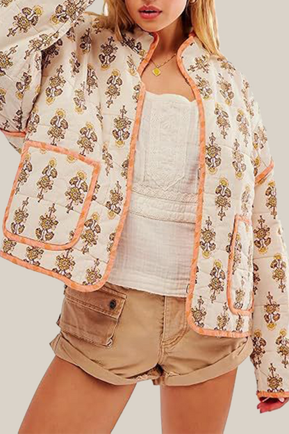Elarova | Lässige Blumen Tasche Patchwork Kontrast Mandarin Kragen Outerwear 12 Farben