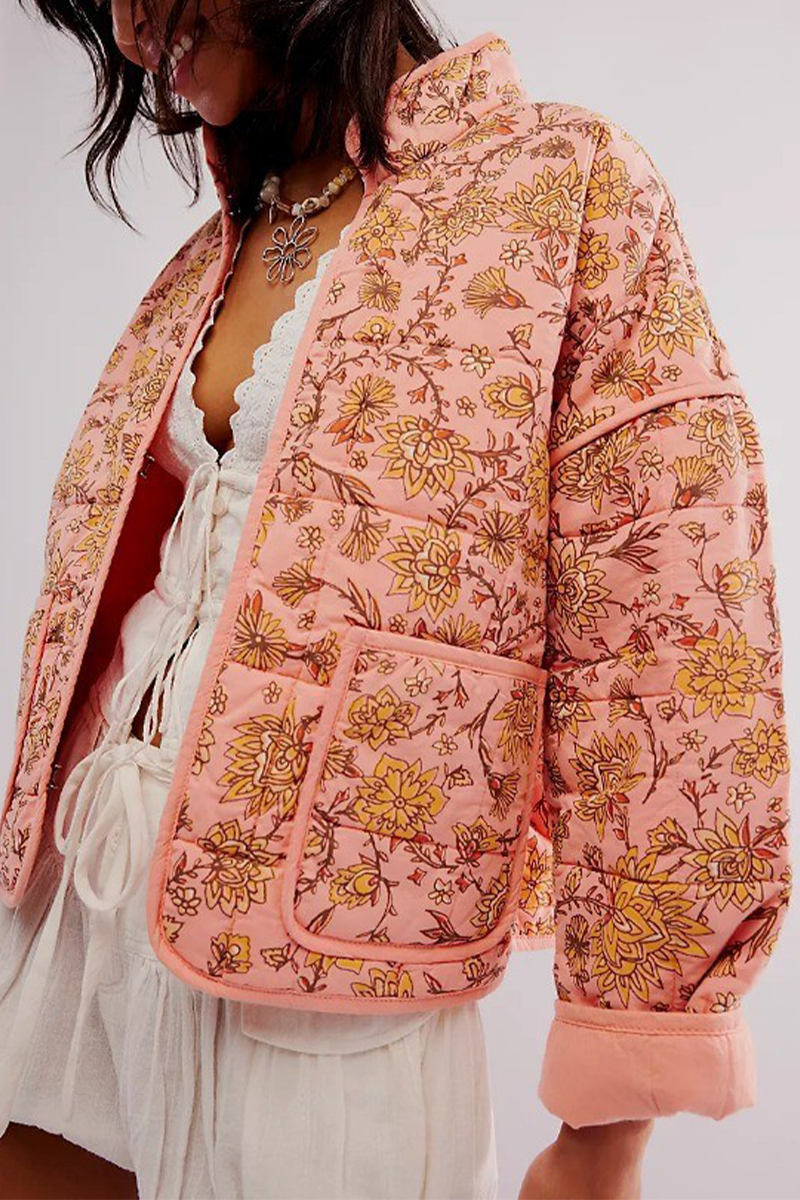 Elarova | Lässige Blumen Tasche Patchwork Kontrast Mandarin Kragen Outerwear 12 Farben