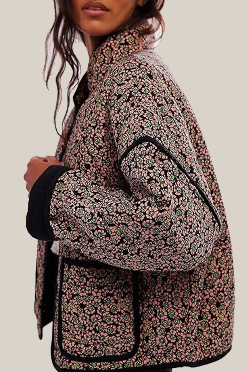Elarova | Lässige Blumen Tasche Patchwork Kontrast Mandarin Kragen Outerwear 12 Farben
