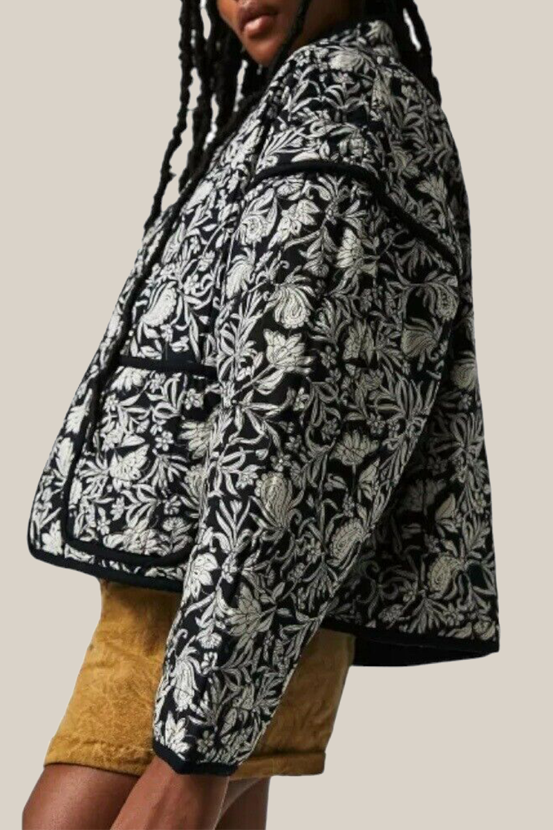 Elarova | Lässige Blumen Tasche Patchwork Kontrast Mandarin Kragen Outerwear 12 Farben
