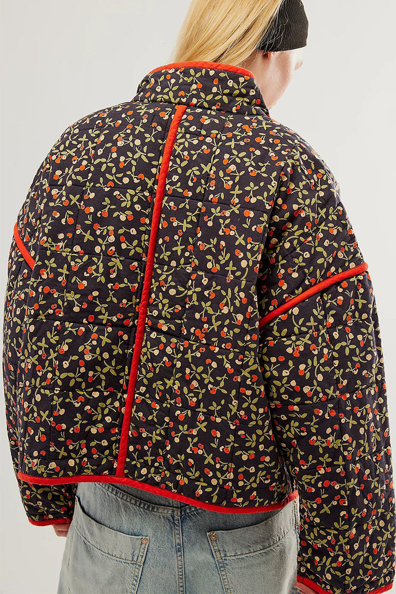 Elarova | Lässige Blumen Tasche Patchwork Kontrast Mandarin Kragen Outerwear 12 Farben