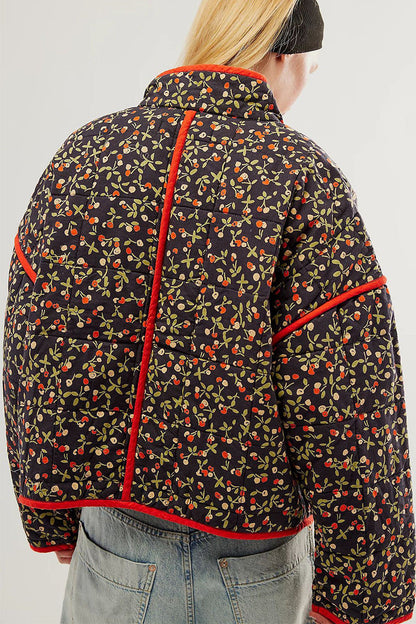Elarova | Lässige Blumen Tasche Patchwork Kontrast Mandarin Kragen Outerwear 12 Farben