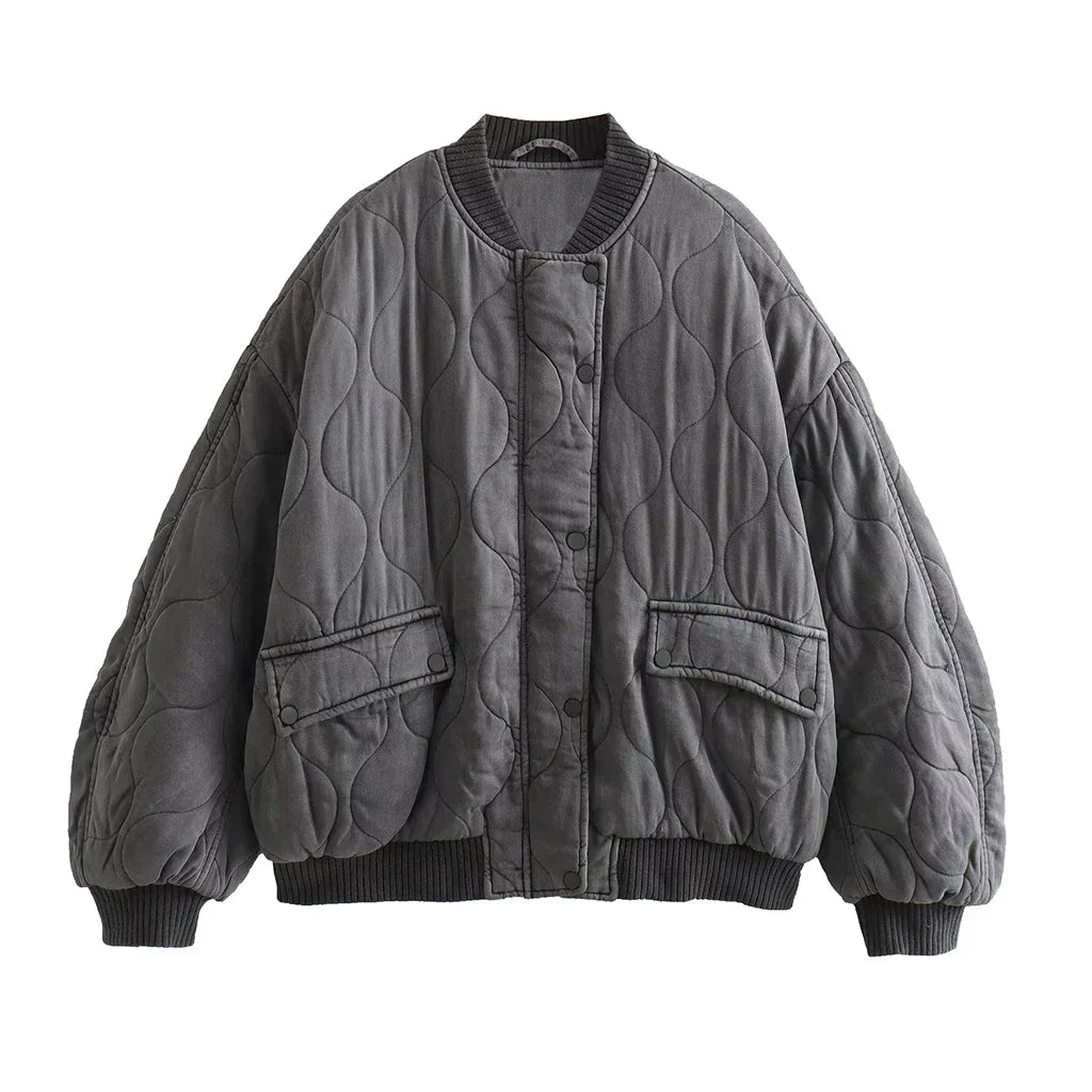 Damen Bomberjacke Grau Lockeres Design Baumwolle - Norvielle
