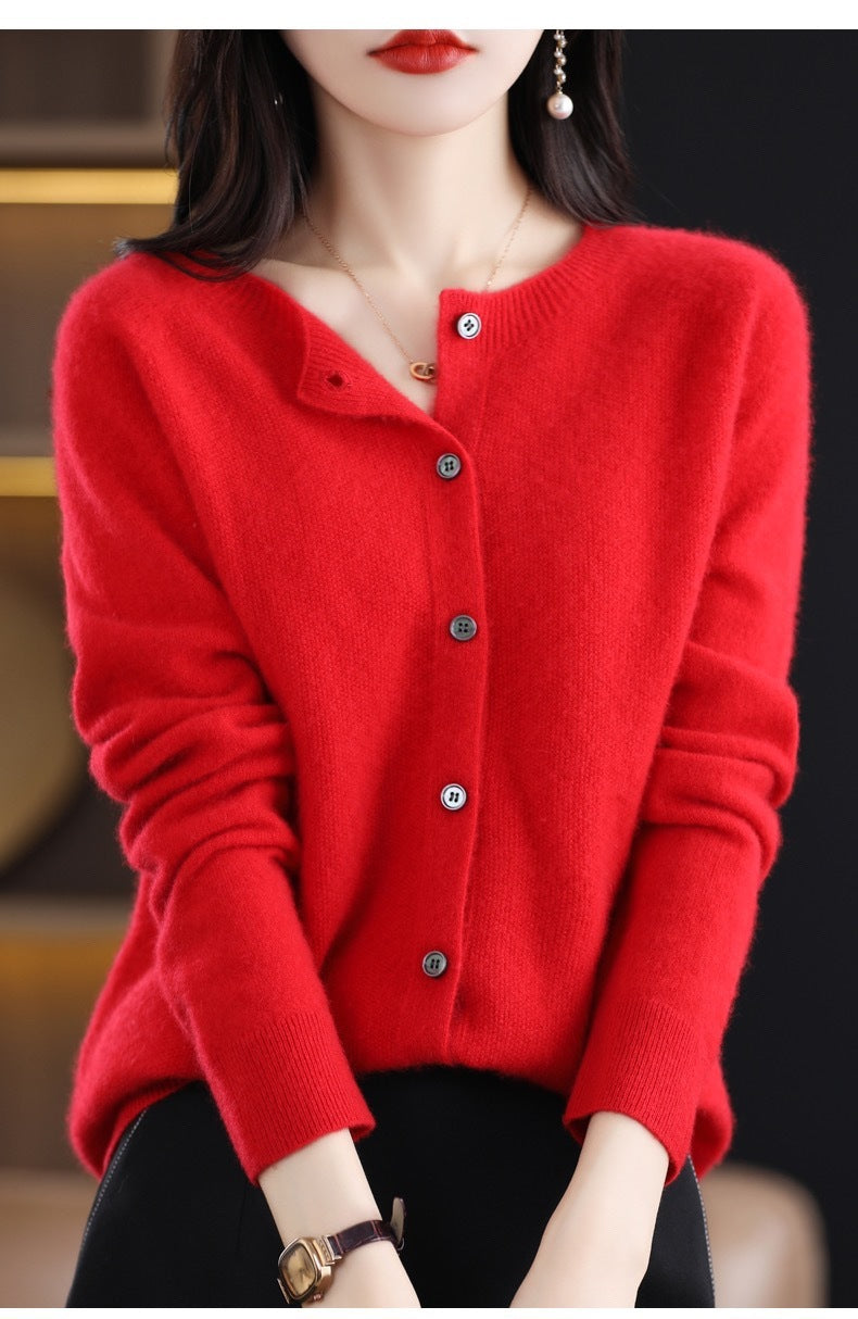 Elarova | Merino Wollstrickjacke Mit Rundhalsausschnitt Und Langen Ärmeln