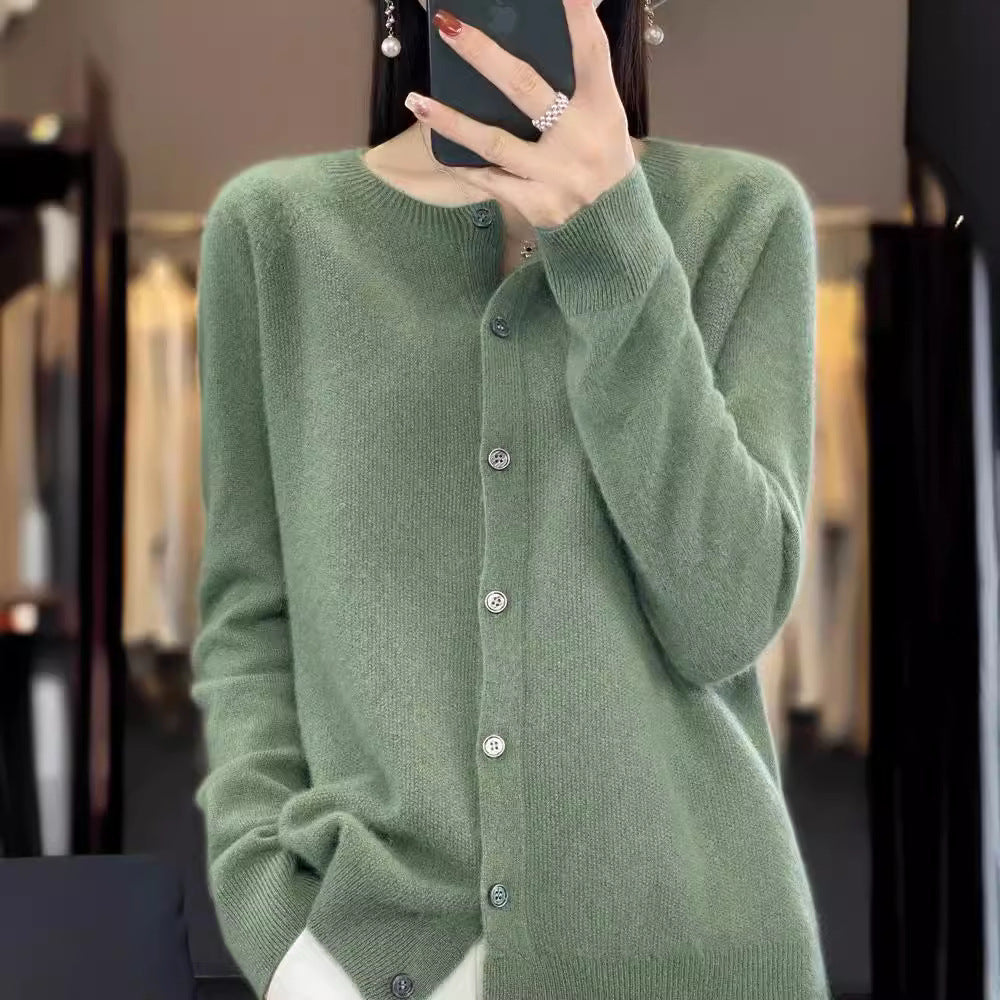 Merino Wollstrickjacke Damen Rundhalsausschnitt Länge Schwarz - Norvielle