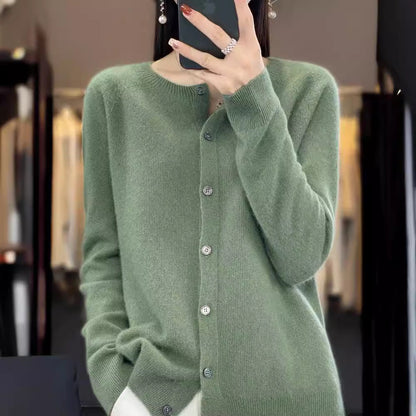 Merino Wollstrickjacke Damen Rundhalsausschnitt Länge Schwarz - Norvielle