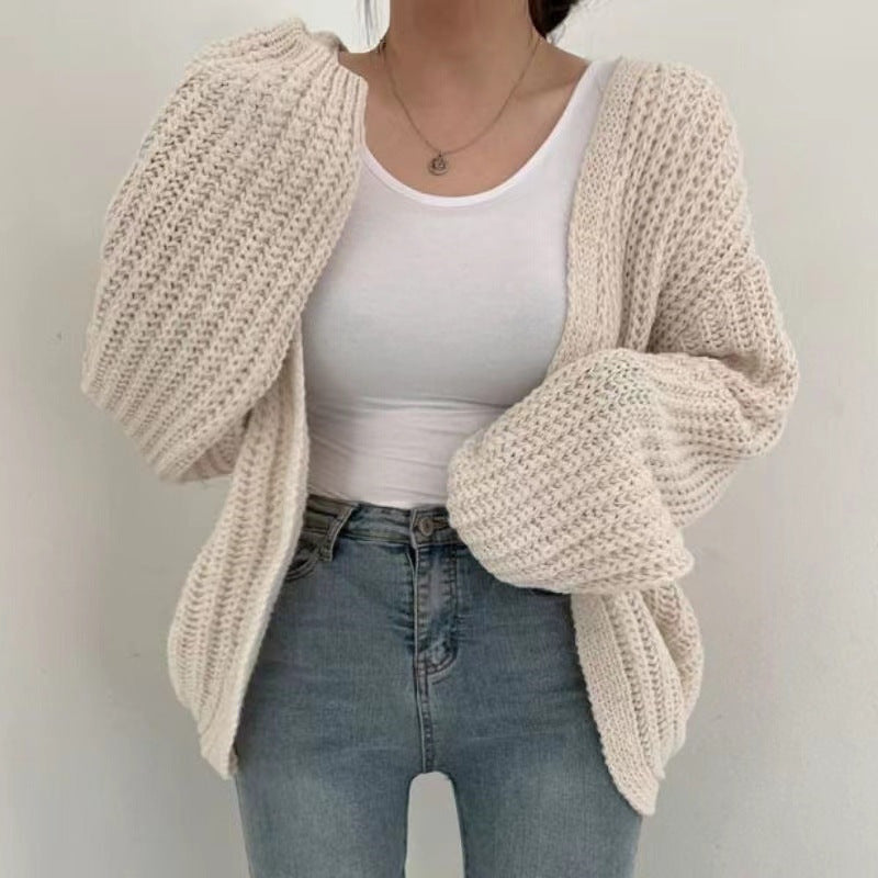 Damen Offene Strickjacke Dicker Strick Beige - Norvielle