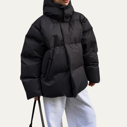 Damen Steppjacke Oversized Stehkragen Kurz Schwarz - Norvielle