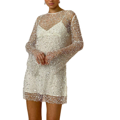 Elarova | Perlen See-through Mesh Zweiteiliges Set Sling Kleid