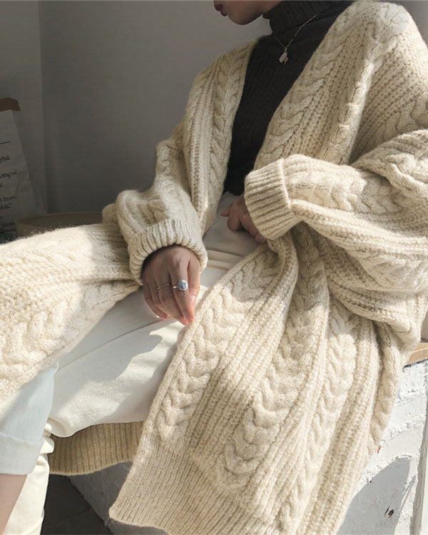 Elarova | Retro einfach verdickt lose verdrehte lange Strickjacke