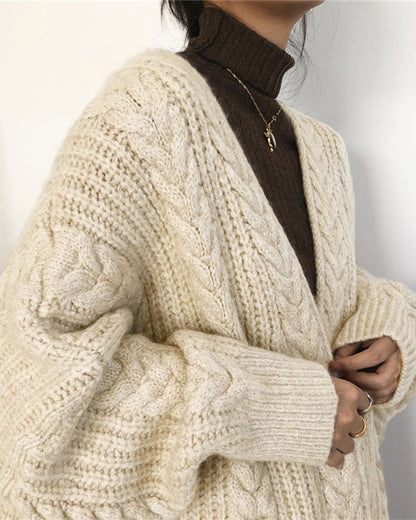 Elarova | Retro einfach verdickt lose verdrehte lange Strickjacke