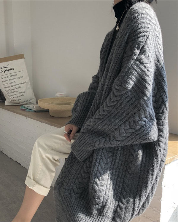 Elarova | Retro einfach verdickt lose verdrehte lange Strickjacke
