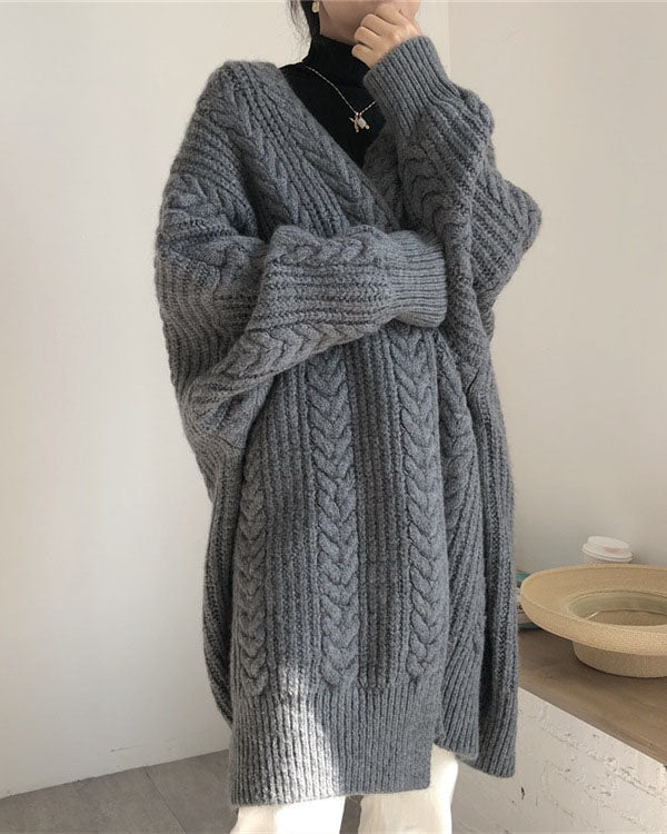 Elarova | Retro einfach verdickt lose verdrehte lange Strickjacke