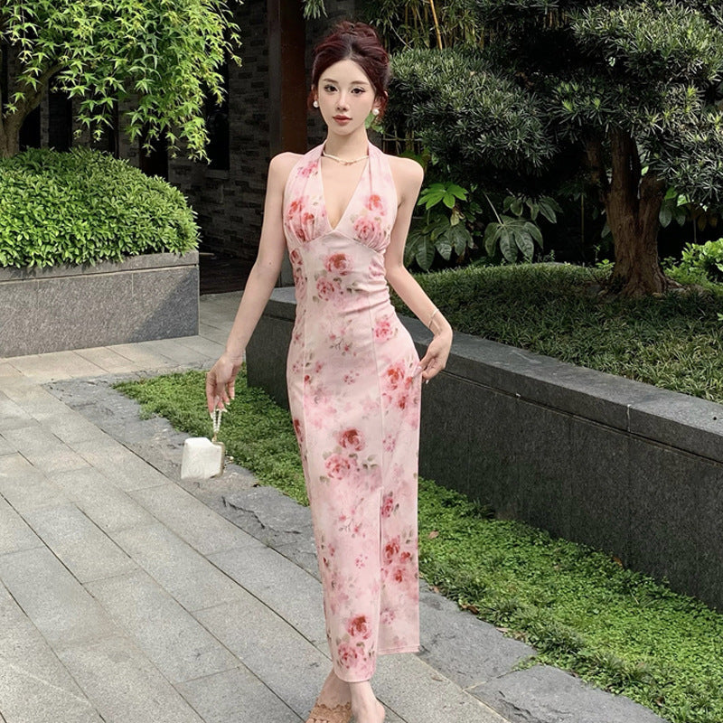 Rückenfreies Blumen-Halterkleid im Retro-Stil - Norvielle