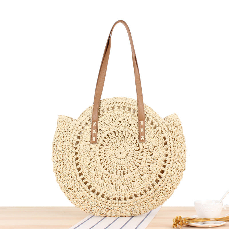 Elarova | Schlichte Runde Schultertasche Strohtasche Sommer Strandtaschen
