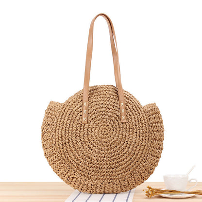 Elarova | Schlichte Runde Schultertasche Strohtasche Sommer Strandtaschen