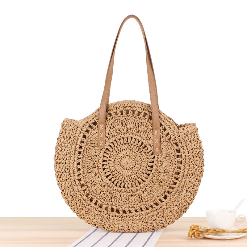 Elarova | Schlichte Runde Schultertasche Strohtasche Sommer Strandtaschen