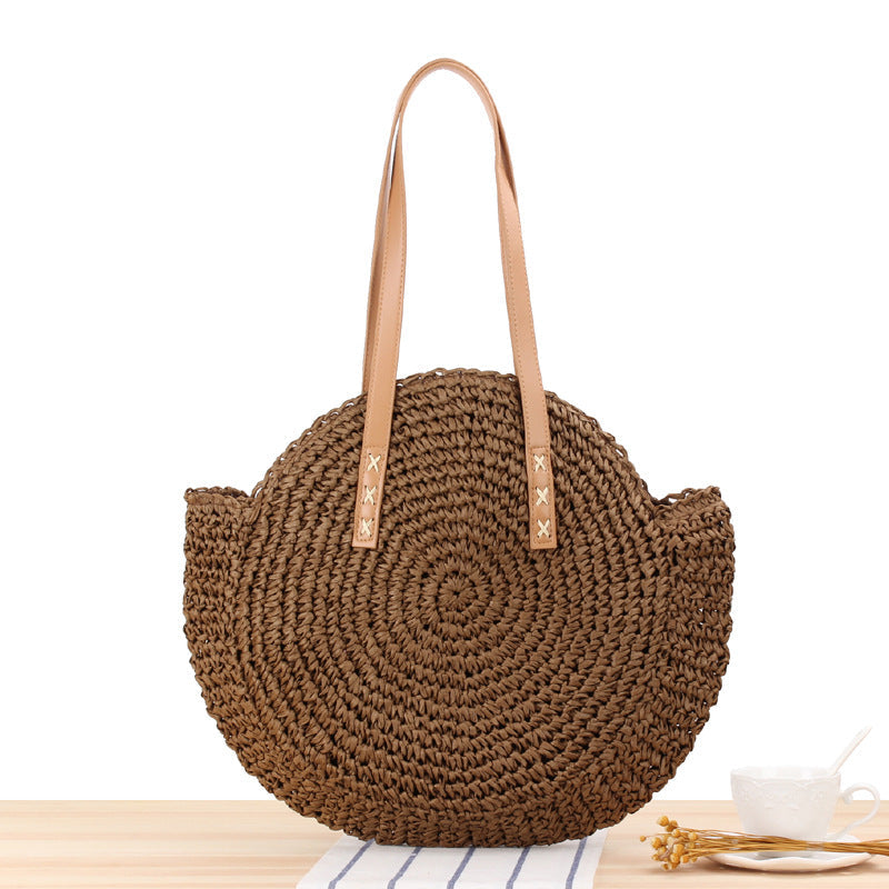 Elarova | Schlichte Runde Schultertasche Strohtasche Sommer Strandtaschen