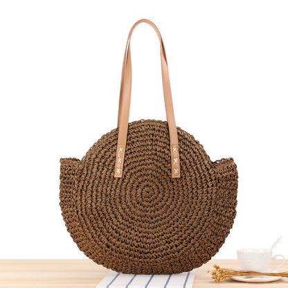 Elarova | Schlichte Runde Schultertasche Strohtasche Sommer Strandtaschen