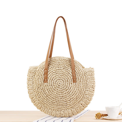 Elarova | Schlichte Runde Schultertasche Strohtasche Sommer Strandtaschen