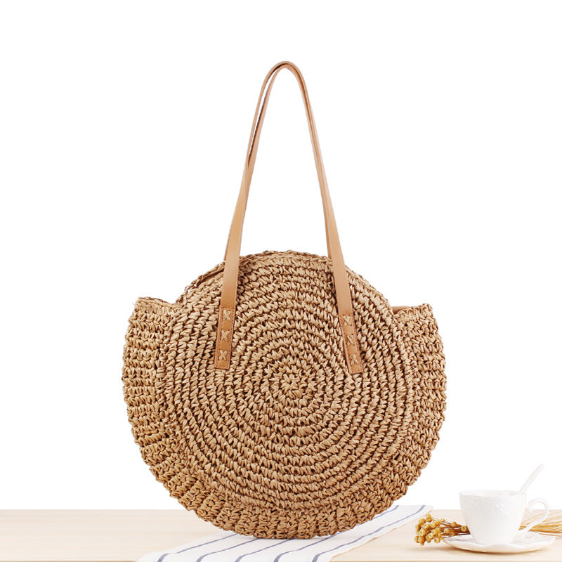 Elarova | Schlichte Runde Schultertasche Strohtasche Sommer Strandtaschen