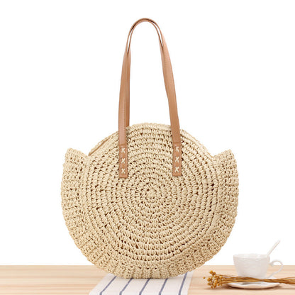 Norvielle Damen Runde Stroh-Schultertasche Sommer Strandtasche Beige - Norvielle
