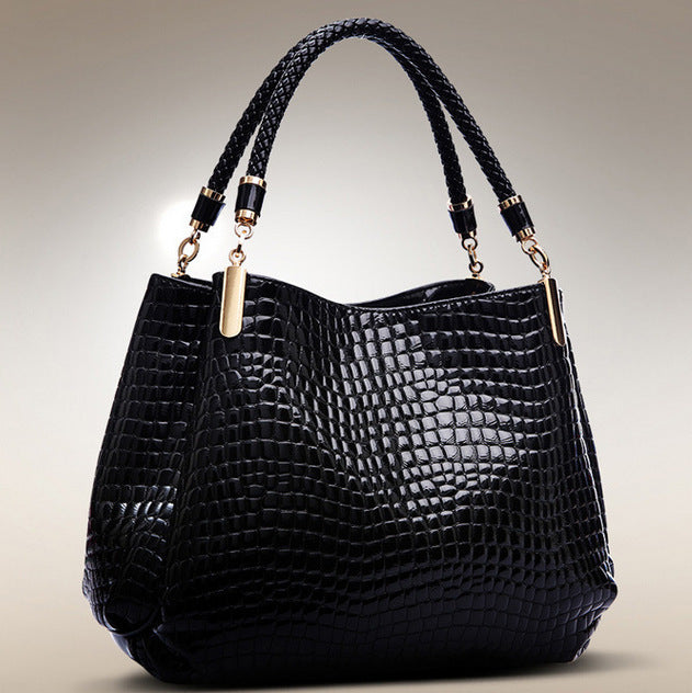Norvielle Damen Schultertasche Krokodilmuster Leder Schwarz - Norvielle
