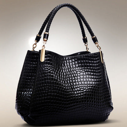 Norvielle Damen Schultertasche Krokodilmuster Leder Schwarz - Norvielle