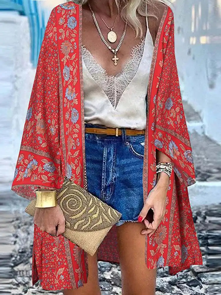 Elarova | Sommerlicher Damen Strickjacke Im Boho Stil Mit Buntem Blumenmuster