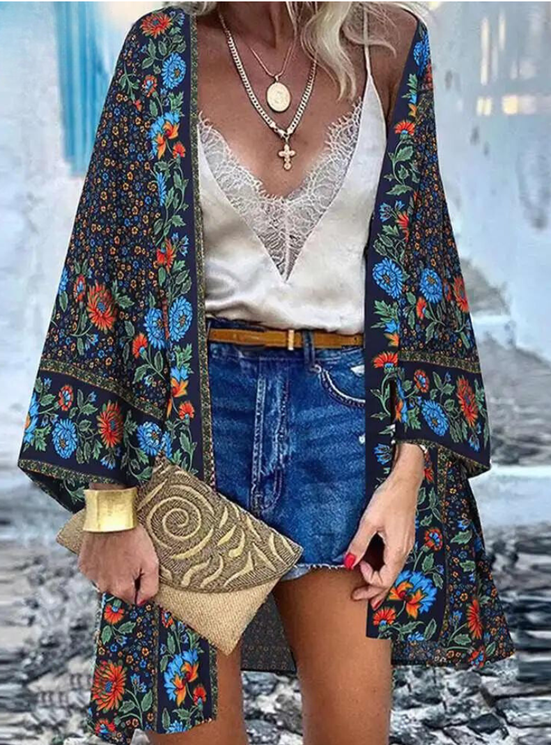 Elarova | Sommerlicher Damen Strickjacke Im Boho Stil Mit Buntem Blumenmuster