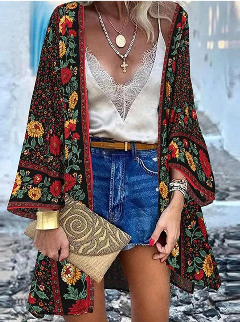 Damen Strickjacke Boho Stil Bunt Blumenmuster - Norvielle