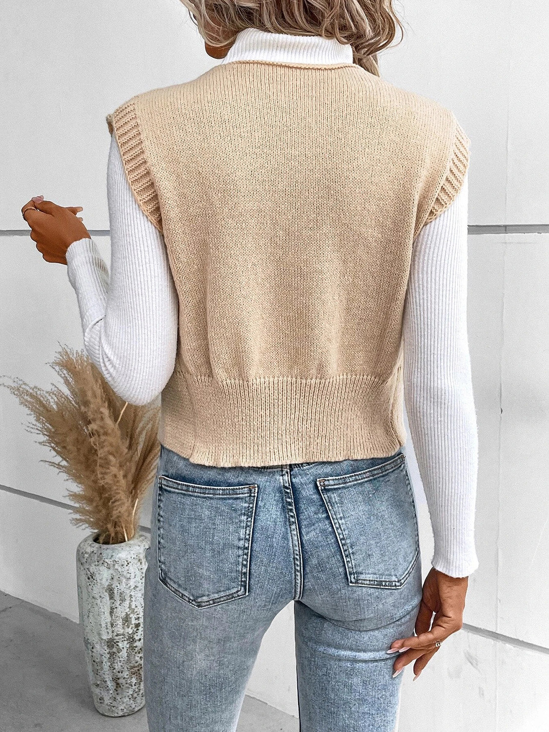 Damen Klassische V-Hals Pulloverweste Knopfverschluss Beige - Norvielle