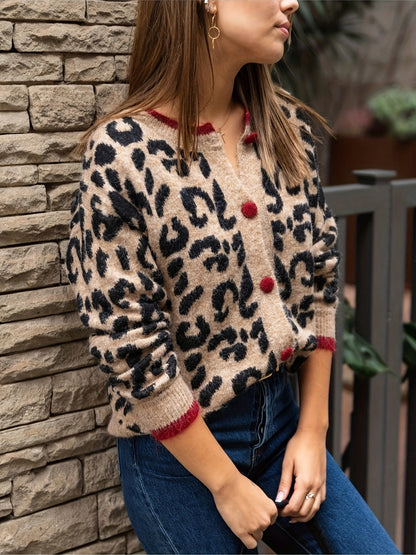 Elarova | Stilvoller Leopardenmuster Strickjacke Mit Knopfverschluss