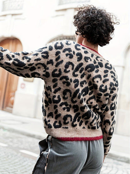 Elarova | Stilvoller Leopardenmuster Strickjacke Mit Knopfverschluss