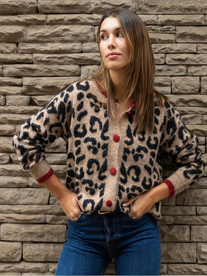 Elarova | Stilvoller Leopardenmuster Strickjacke Mit Knopfverschluss