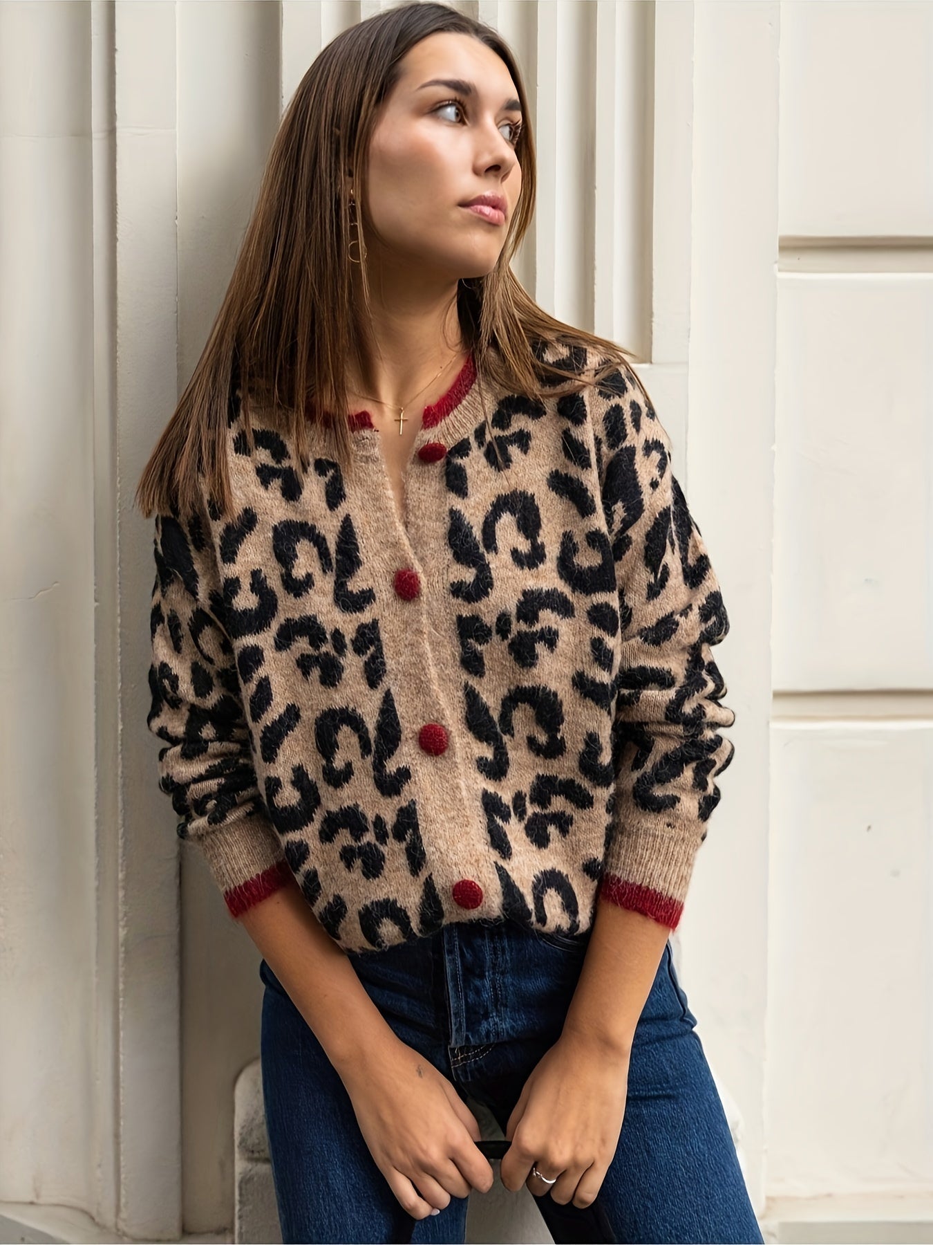 Norvielle Damen Leopardenmuster Strickjacke Knopfverschluss - Norvielle