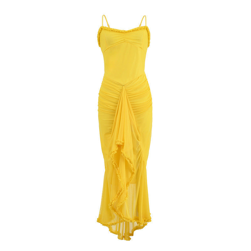 Elarova Trägerkleid: Asymmetrisches Netzkleid mit Schlitz