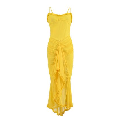 Elarova Trägerkleid: Asymmetrisches Netzkleid mit Schlitz