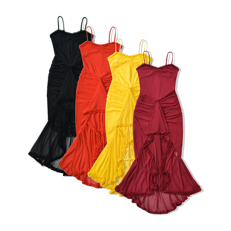 Norvielle Damen Trägerkleid Asymmetrisch Netz Schwarz - Norvielle