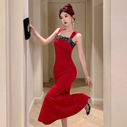 Elarova Trägerkleid mit Patchwork-Pailletten und quadratischem Ausschnitt