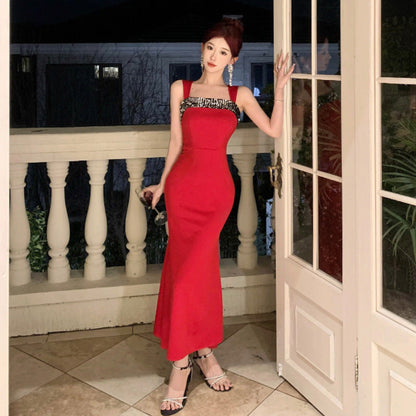 Norvielle Damen Trägerkleid Patchwork-Pailletten Quadrat-Ausschnitt - Norvielle
