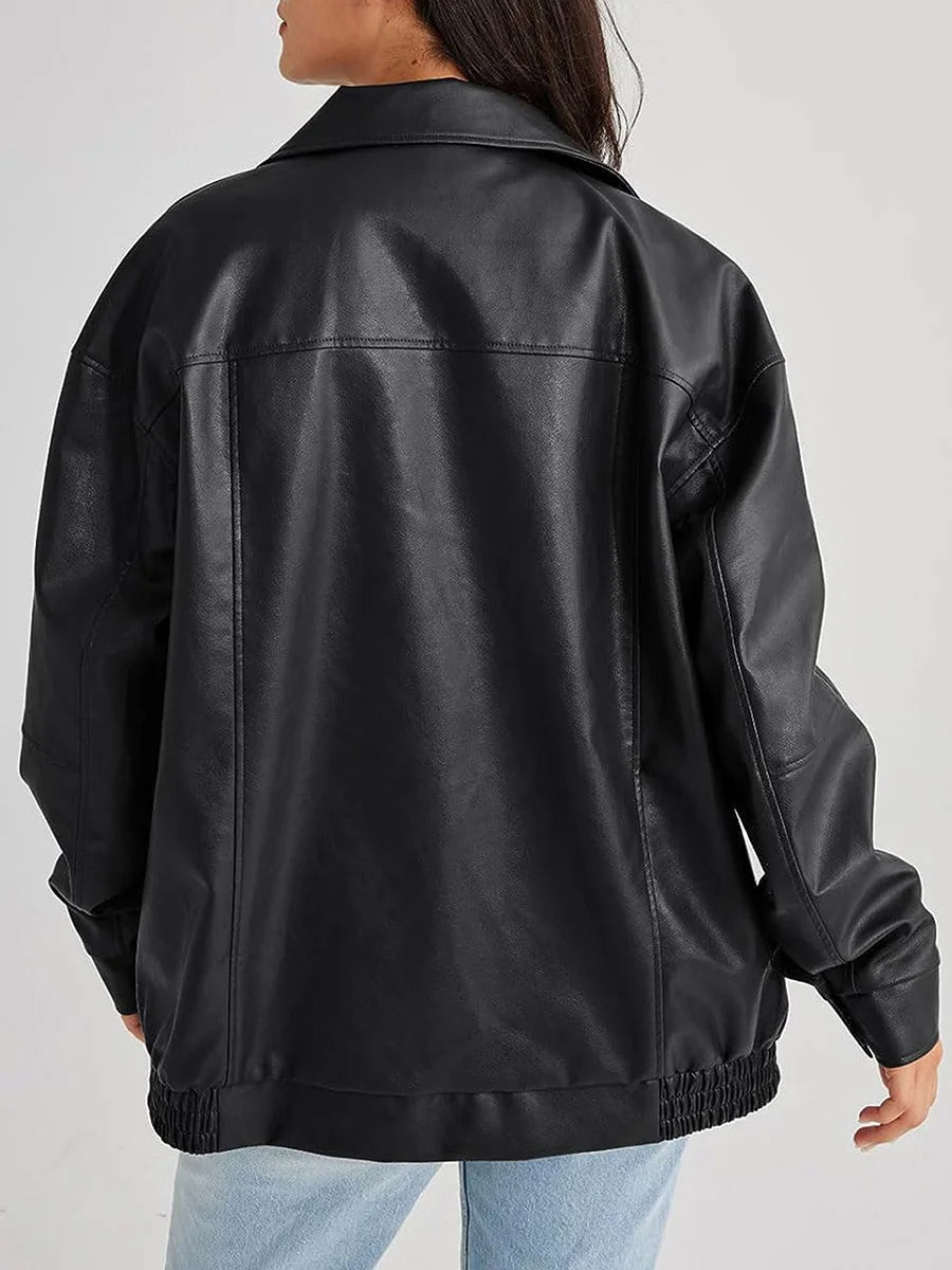 Elarova | Übergroße Leder-Bomberjacke mit trendigem Design