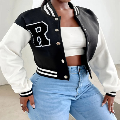 Elarova | Varsity Bomberjack Damen, Kurzes Modell mit Buchstabenpatch und Druckknopfverschluss