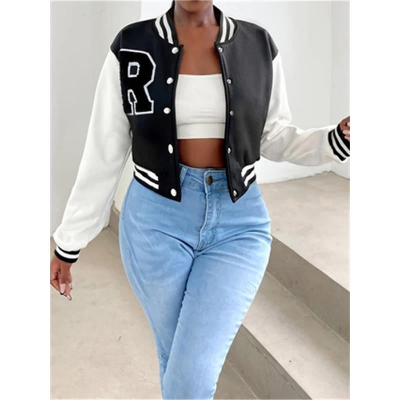 Elarova | Varsity Bomberjack Damen, Kurzes Modell mit Buchstabenpatch und Druckknopfverschluss