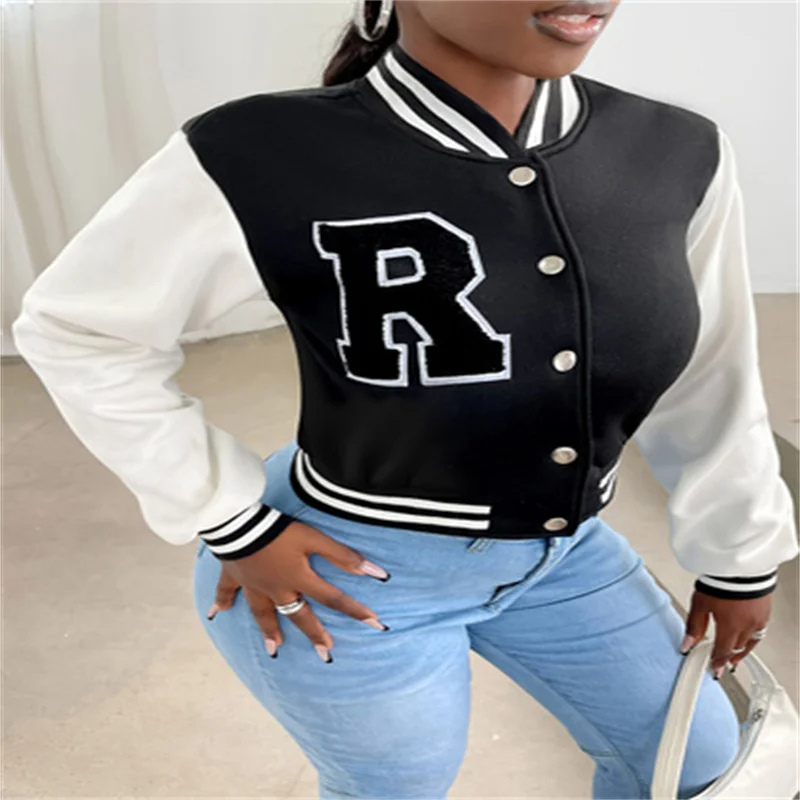 Elarova | Varsity Bomberjack Damen, Kurzes Modell mit Buchstabenpatch und Druckknopfverschluss