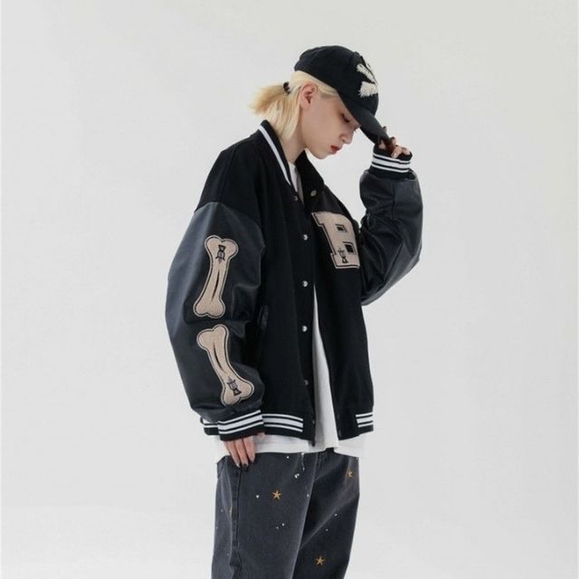 Norvielle Herren Bomberjacke Streetwear Bestickte Patches Schwarz - Norvielle